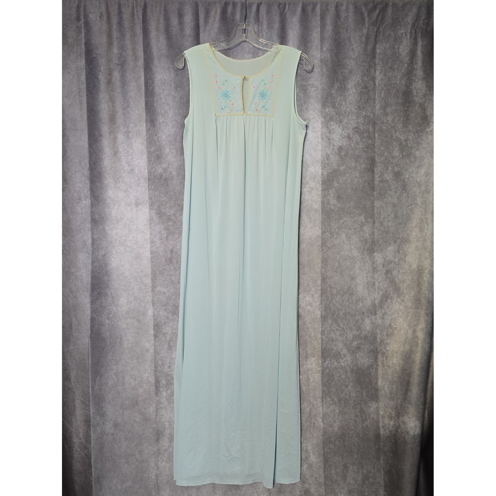 Embroidered Yoke Nightgown Sleeveless Maxi Dress Mint Seafoam Cottagecore VTG